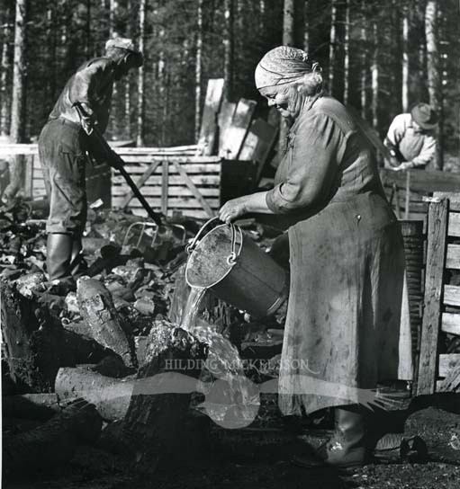 Släckning av glödkol vid rivning av kolmila, Kårböle, 1958. Bror Sundin och hjälpredan Frida.